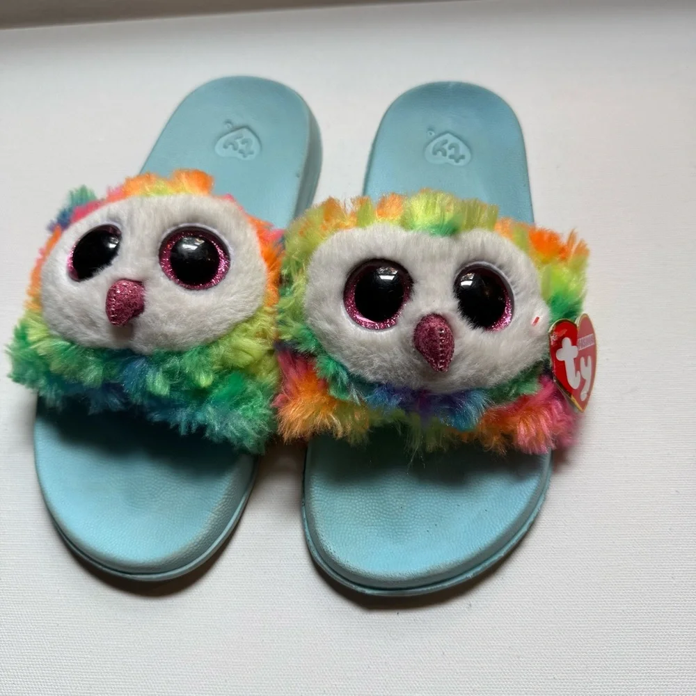 TY Kids Owl Slippers Plush Rainbow Slide On Sandals Beanie Boo NWT Cozy House